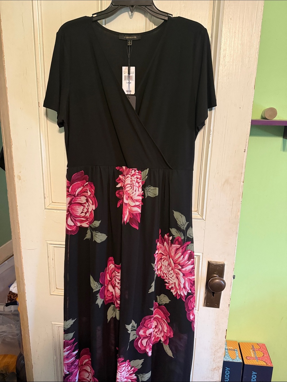 Lily White Black Maxi Dress with Pink Floral Print